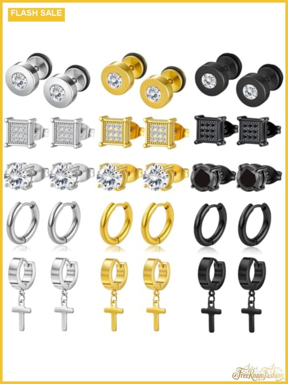 15 Pair Stainless Steel Earring Set for Women Men Hypoallergenic CZ Studs Hoops